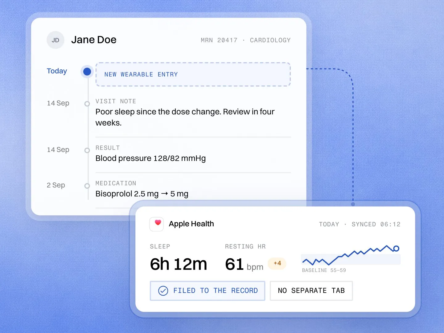 A patient record with a visit note, a result and a dose change, and today's sleep and resting heart rate from Apple Health filed into it.