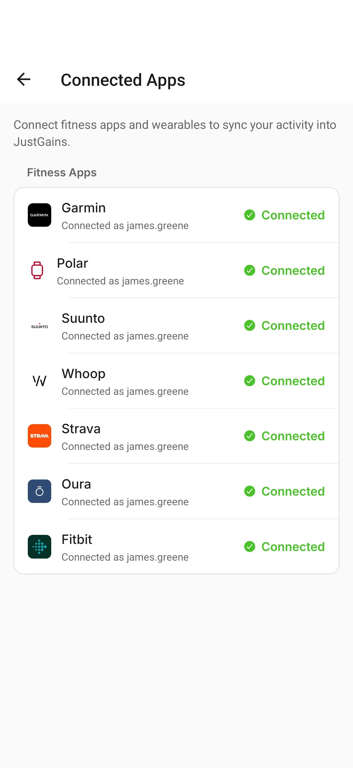 JustGains' Connected Apps with every supported provider connected: Garmin, Polar, Suunto, WHOOP, Strava, Oura and Fitbit