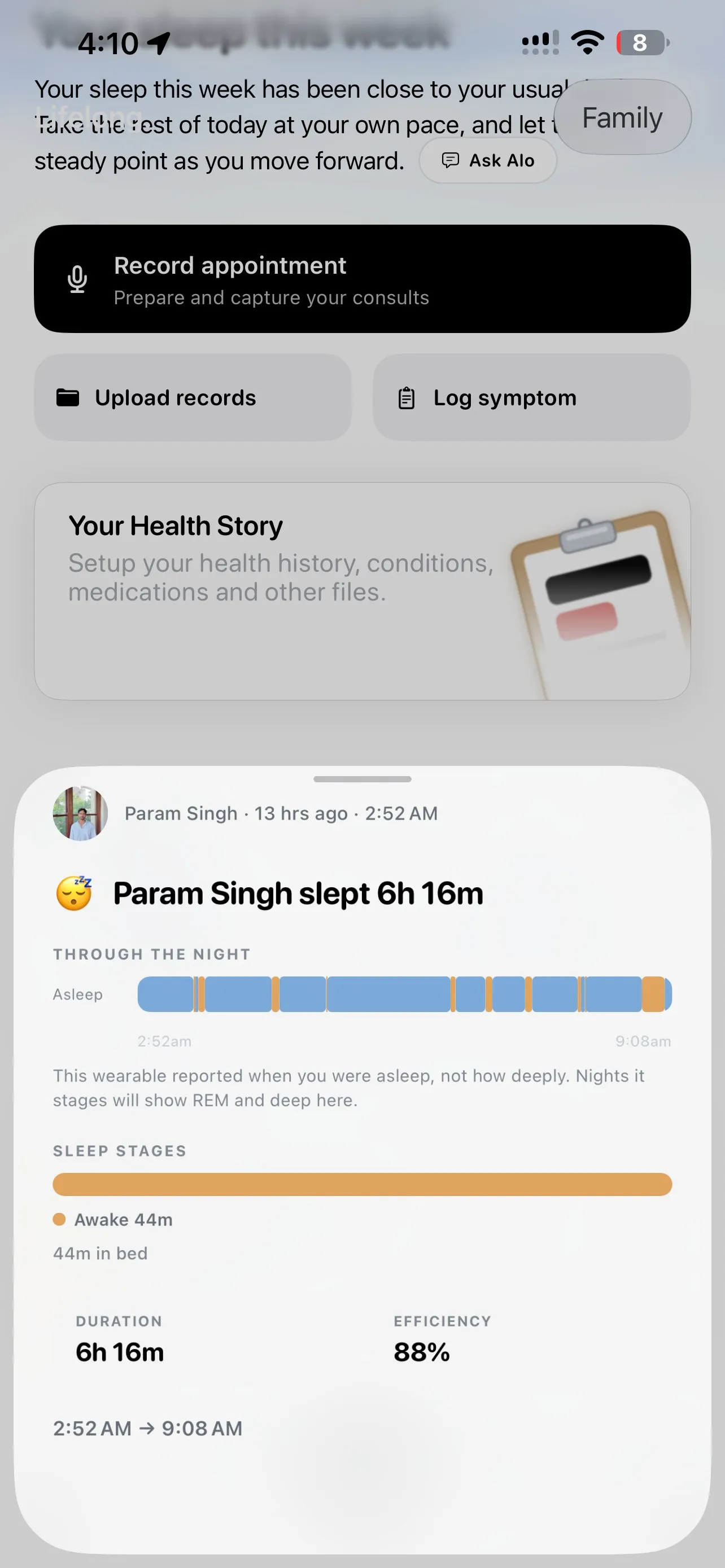 A night of sleep in Lifelong: time asleep through the night, duration 6h 16m, efficiency 88%