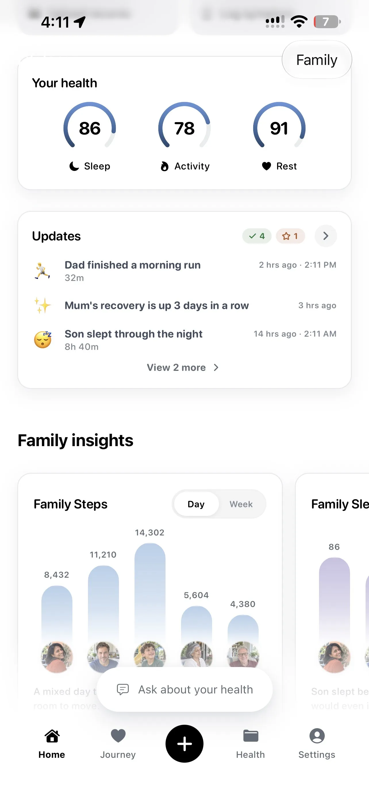 Lifelong's family updates: Dad finished a morning run, Mum's recovery is up three days in a row, Son slept through the night