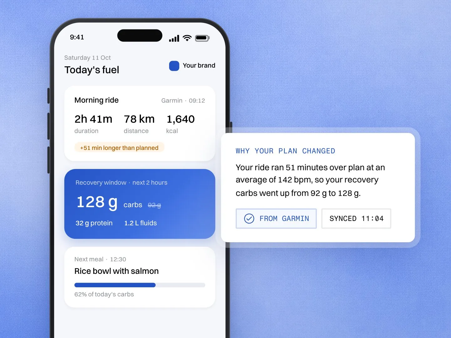 A fuelling plan in a phone app, raised after a longer ride than planned.